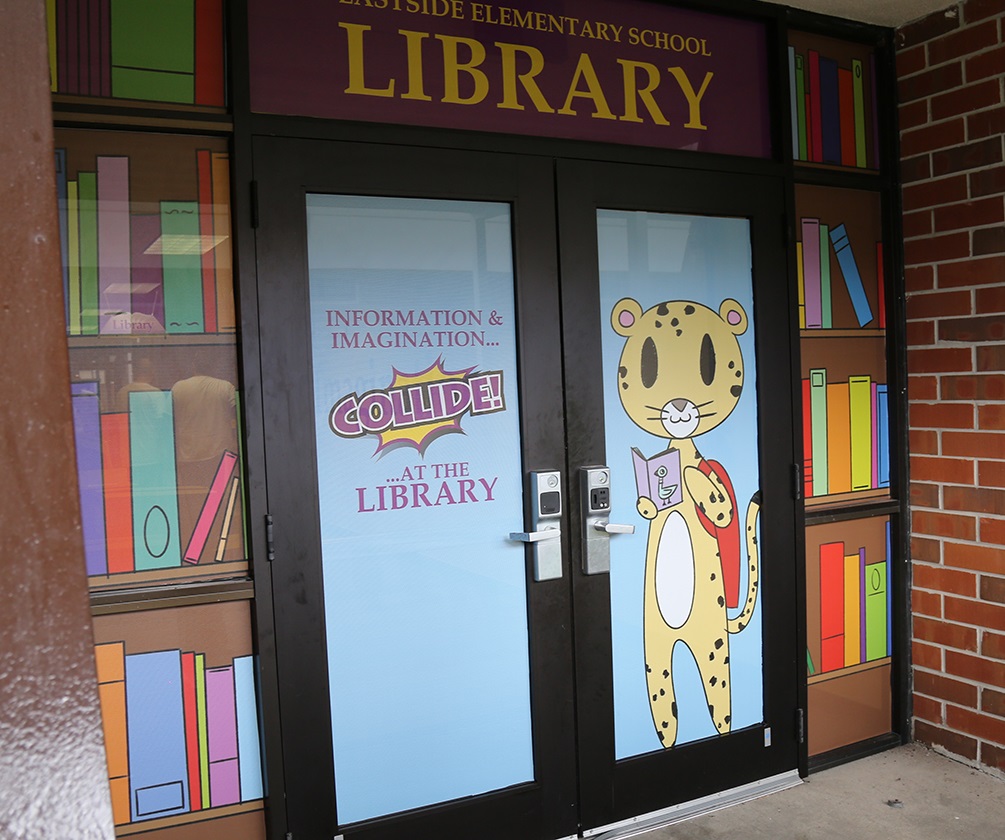 Library entrance Eastside Elementary donated by Accuform Signs